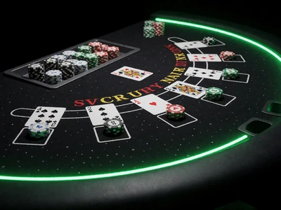 Blackjacktisch mit gruenem Neon-Randlicht und Karten im Cyberpunk-Casino von Roby Casino