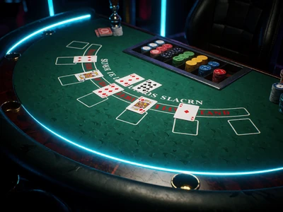 Blackjacktisch mit gr&uuml;nem Filz und cyan Neon-Kantenbeleuchtung im Roby Casino