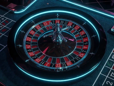 Rouletterad mit cyan Beleuchtung auf dunklem Filz im Roby Casino Live Casino Bereich