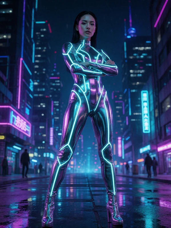 Selbstbewusste Frau in futuristischem Neon-Bodysuit vor Cyberpunk-Stadtkulisse bei Roby Casino