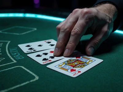 Blackjack-Karten auf gruenem Filz mit Cyan-Neon-Glanz im Roby Casino Live Casino