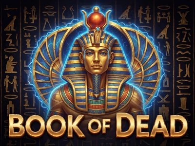 Book of Dead Slot mit alt&auml;gyptischem Thema und goldenen Neon-blauen Akzenten bei Roby Casino