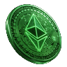 Ethereum ETH als leuchtendes neon-gr&uuml;nes 3D-Token im Cyberpunk-Stil