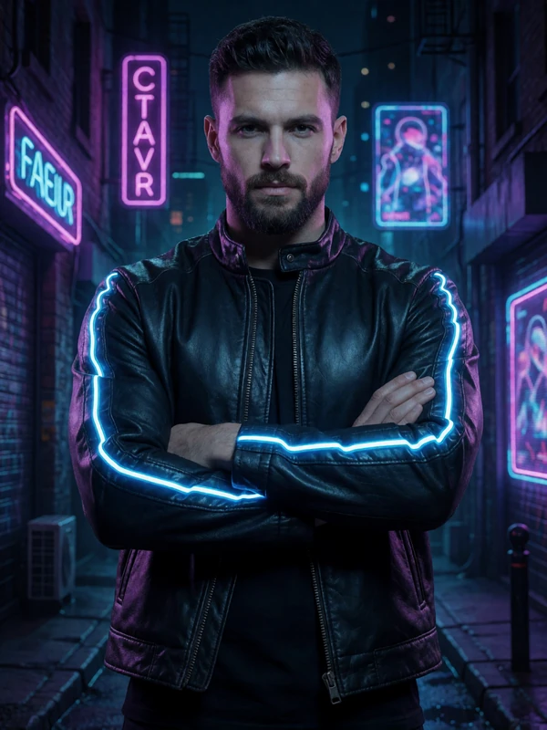 M&auml;nnliches Model in Cyberpunk-Lederjacke mit blauen Neon-Streifen vor futuristischer Stadtkulisse bei Roby Casino Spiele