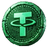 Tether USDT als leuchtendes neon-gr&uuml;nes 3D-Token im Cyberpunk-Stil