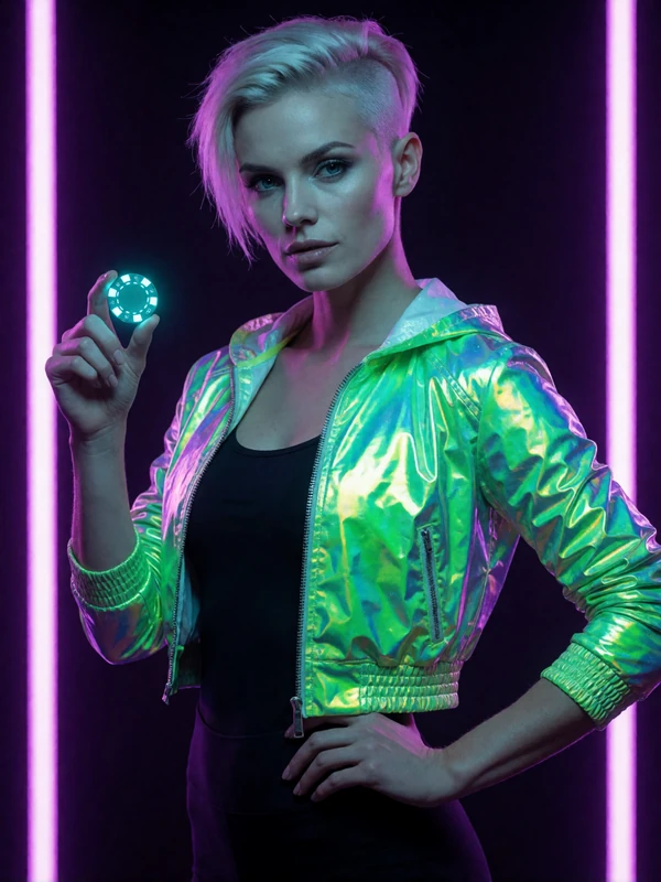 Futuristisches Model mit Neon-gr&uuml;nem holografischem Jackett h&auml;lt leuchtenden Casino-Chip im Cyberpunk-Studio von Roby Casino