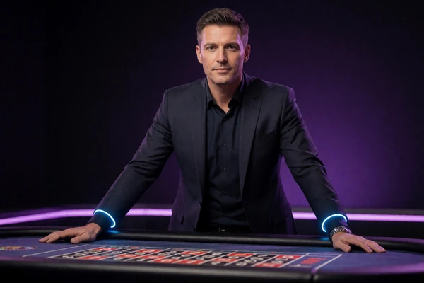 Live-Dealer in elegantem Anzug mit Neon-Akzenten am Roulettetisch im Roby Casino