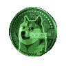Dogecoin DOGE als leuchtendes neon-gr&uuml;nes 3D-Token im Cyberpunk-Stil