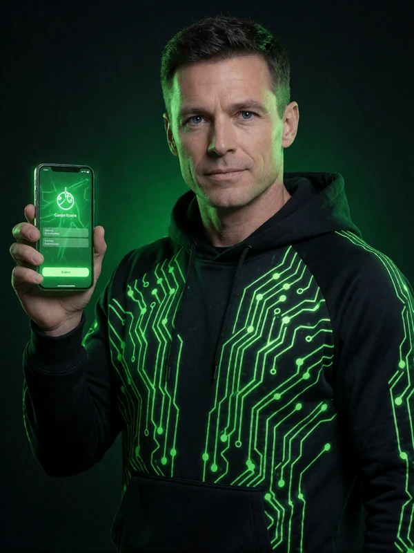 M&auml;nnliches Model mit Tech-Wear-Hoodie und Neon-Gr&uuml;n-Akzenten h&auml;lt Smartphone mit leuchtender Zahlungs-UI bei Roby Casino