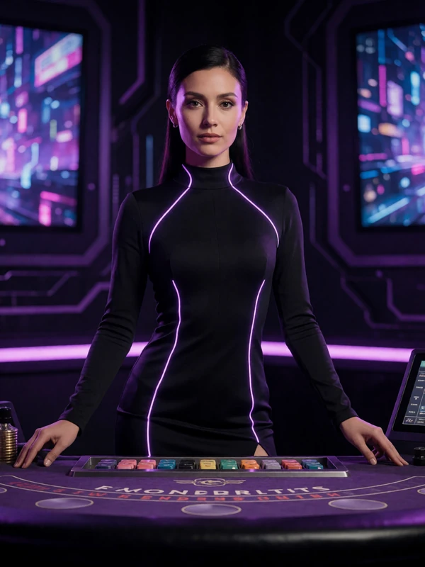 Live-Dealerin in schwarzem Kleid mit Neon-lila Akzenten am Blackjacktisch im Roby Casino Live Casino